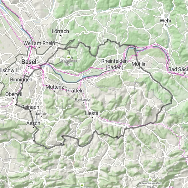 Miniatua del mapa de inspiración ciclista "Ruta de Ciclismo de Carretera a través de Nordwestschweiz" en Nordwestschweiz, Switzerland. Generado por Tarmacs.app planificador de rutas ciclistas