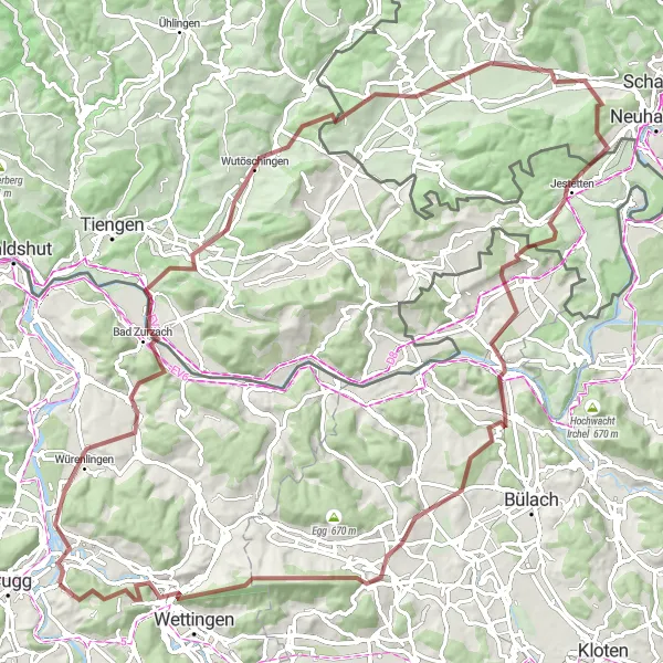 Miniaturekort af cykelinspirationen "Opdag Rhen-dalen på 105 km grusvejscykelrute" i Nordwestschweiz, Switzerland. Genereret af Tarmacs.app cykelruteplanlægger