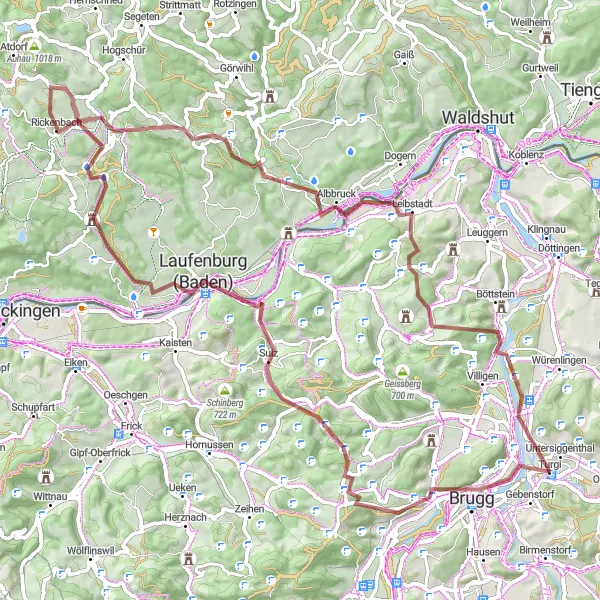 Miniaturní mapa "Trasa kolem Turgi - Zážitková gravlová cesta" inspirace pro cyklisty v oblasti Nordwestschweiz, Switzerland. Vytvořeno pomocí plánovače tras Tarmacs.app