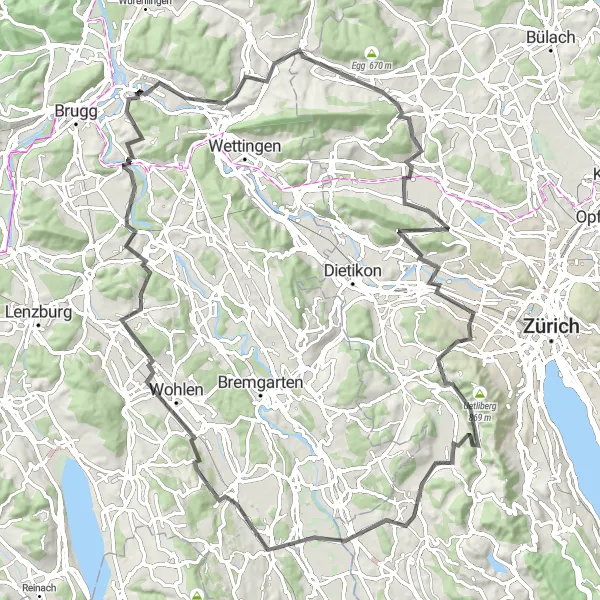 Mapa miniatúra "Road Cycling Tour through Gubrist and Wohlen" cyklistická inšpirácia v Nordwestschweiz, Switzerland. Vygenerované cyklistickým plánovačom trás Tarmacs.app