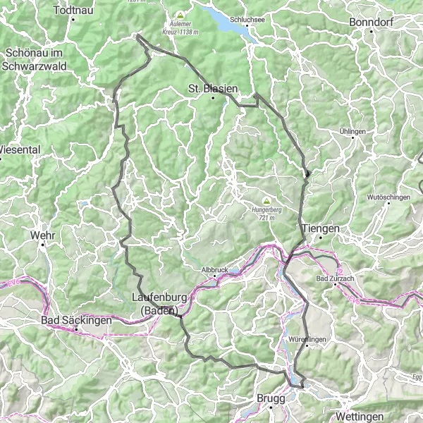 Zemljevid v pomanjšavi "Razgibana cestna pot skozi Nordwestschweiz" kolesarske inspiracije v Nordwestschweiz, Switzerland. Generirano z načrtovalcem kolesarskih poti Tarmacs.app