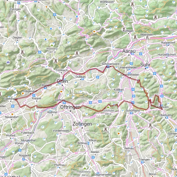 Mapa miniatúra "Gravel Adventure from Unterkulm" cyklistická inšpirácia v Nordwestschweiz, Switzerland. Vygenerované cyklistickým plánovačom trás Tarmacs.app