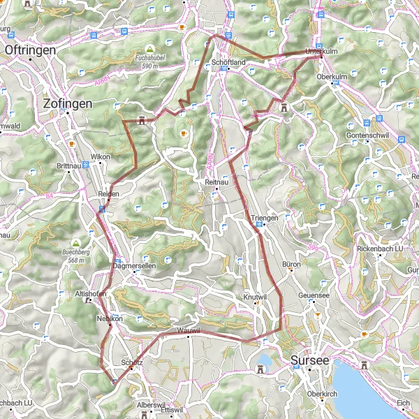 Miniatura della mappa di ispirazione al ciclismo "La strada panoramica attraverso i boschi di Unterkulm" nella regione di Nordwestschweiz, Switzerland. Generata da Tarmacs.app, pianificatore di rotte ciclistiche