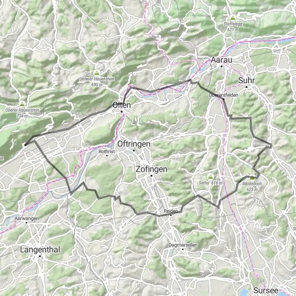 Miniatura della mappa di ispirazione al ciclismo "Giro in bicicletta da Unterkulm a Nordwestschweiz" nella regione di Nordwestschweiz, Switzerland. Generata da Tarmacs.app, pianificatore di rotte ciclistiche