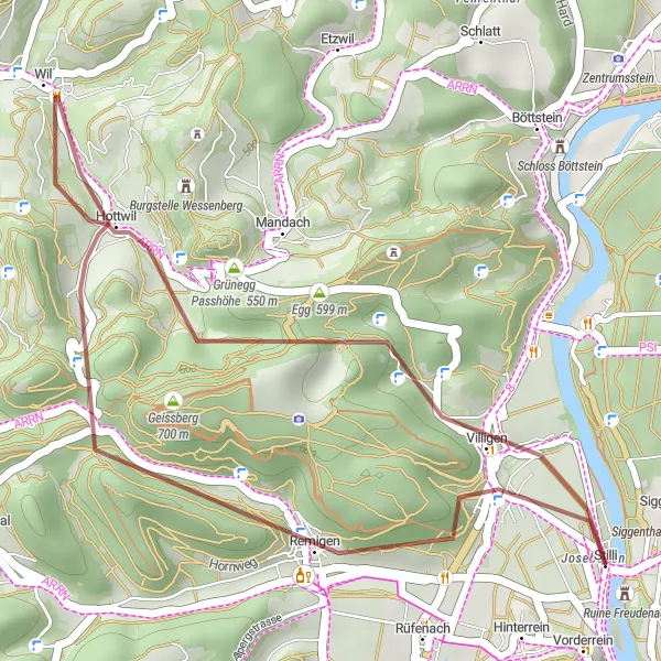 Mapa miniatúra "Gravelový okruh do okolia Untersiggenthal" cyklistická inšpirácia v Nordwestschweiz, Switzerland. Vygenerované cyklistickým plánovačom trás Tarmacs.app