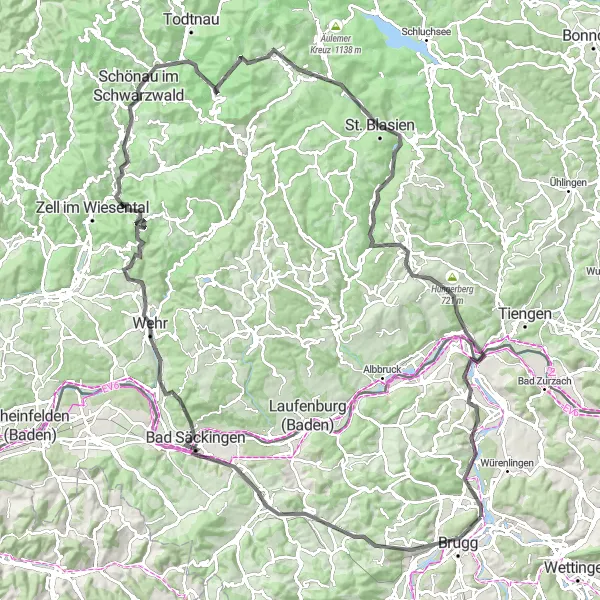 Karttaminiaatyyri "Haastava reitti Bruggiin" pyöräilyinspiraatiosta alueella Nordwestschweiz, Switzerland. Luotu Tarmacs.app pyöräilyreittisuunnittelijalla