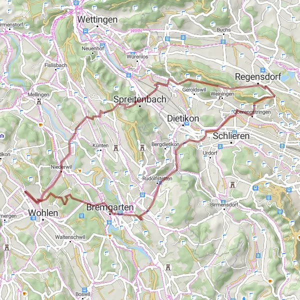 Miniature de la carte de l'inspiration cycliste "Aventure en gravel vers le Spittelturm" dans la Nordwestschweiz, Switzerland. Générée par le planificateur d'itinéraire cycliste Tarmacs.app