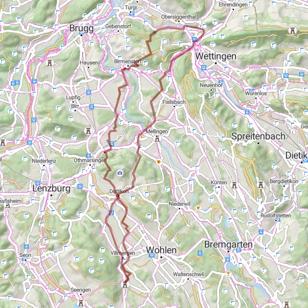 Map miniature of "Villmergen - Dottikon - Chrüzliberg - Stutz - Mägenwil" cycling inspiration in Nordwestschweiz, Switzerland. Generated by Tarmacs.app cycling route planner