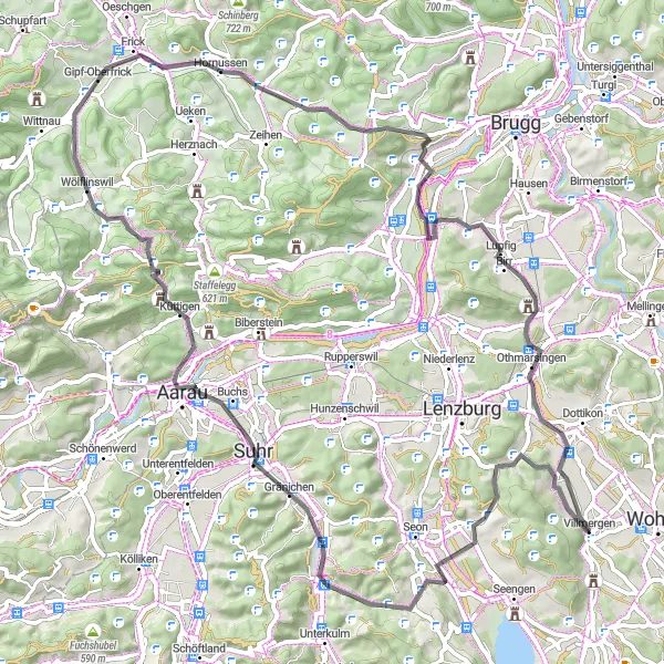 Miniatuurkaart van de fietsinspiratie "Rondrit vanuit Villmergen via Bözbergpass" in Nordwestschweiz, Switzerland. Gemaakt door de Tarmacs.app fietsrouteplanner