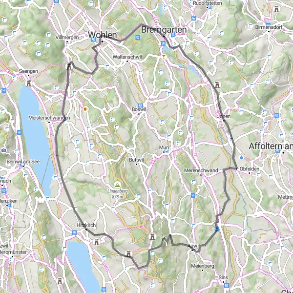 Mapa miniatúra "Cyklotúra od Villmergen cez Wohlen a Hitzkirch" cyklistická inšpirácia v Nordwestschweiz, Switzerland. Vygenerované cyklistickým plánovačom trás Tarmacs.app