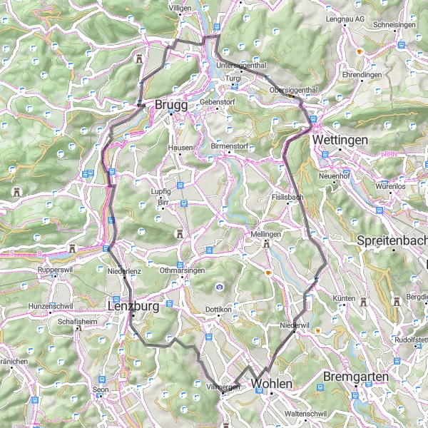 Miniaturekort af cykelinspirationen "Villmergen til Niederwil Cykelrute" i Nordwestschweiz, Switzerland. Genereret af Tarmacs.app cykelruteplanlægger