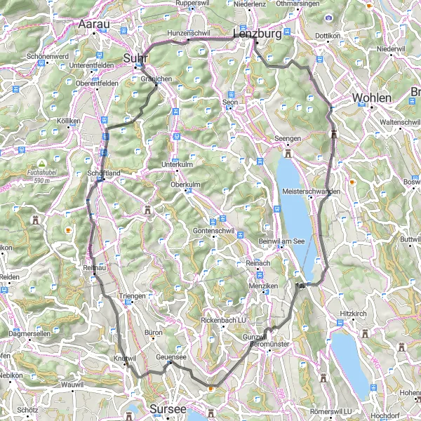 Miniaturekort af cykelinspirationen "Roadtur til Gränichen og Staufberg" i Nordwestschweiz, Switzerland. Genereret af Tarmacs.app cykelruteplanlægger