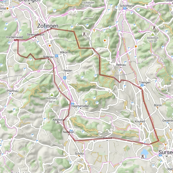 Miniature de la carte de l'inspiration cycliste "Boucle Gravel du Canton d'Argovie" dans la Nordwestschweiz, Switzerland. Générée par le planificateur d'itinéraire cycliste Tarmacs.app