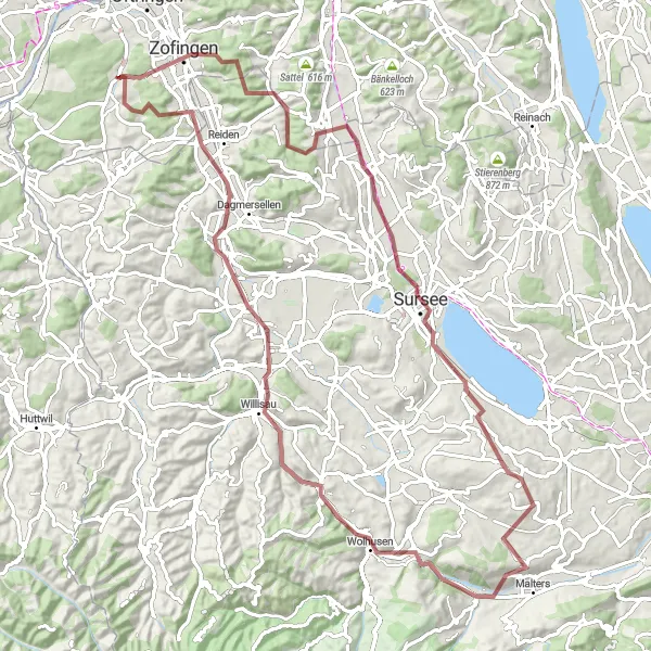 Miniatua del mapa de inspiración ciclista "Ruta por Grava a través de Nordwestschweiz" en Nordwestschweiz, Switzerland. Generado por Tarmacs.app planificador de rutas ciclistas