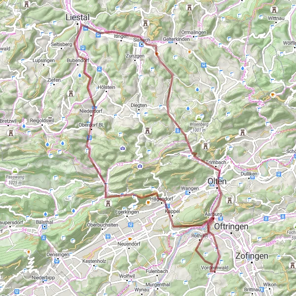 Miniatua del mapa de inspiración ciclista "Ruta de Grava Aarburg-Sissach" en Nordwestschweiz, Switzerland. Generado por Tarmacs.app planificador de rutas ciclistas