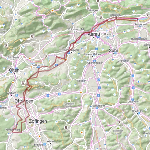Miniaturní mapa "Gravelová cyklistická trasa plná překvapení okolo Vordemwaldu" inspirace pro cyklisty v oblasti Nordwestschweiz, Switzerland. Vytvořeno pomocí plánovače tras Tarmacs.app