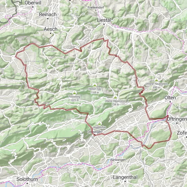 Map miniature of "Vordemwald to Balsthal Epic Gravel Challenge" cycling inspiration in Nordwestschweiz, Switzerland. Generated by Tarmacs.app cycling route planner