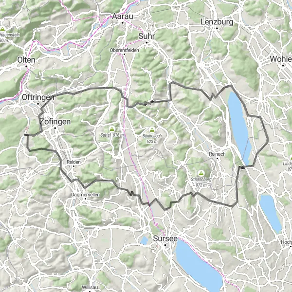 Miniatua del mapa de inspiración ciclista "Vuelta en Bicicleta a Beromünster desde Vordemwald" en Nordwestschweiz, Switzerland. Generado por Tarmacs.app planificador de rutas ciclistas