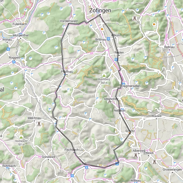 Miniatua del mapa de inspiración ciclista "Ruta de Ciclismo de Carretera desde Vordemwald" en Nordwestschweiz, Switzerland. Generado por Tarmacs.app planificador de rutas ciclistas