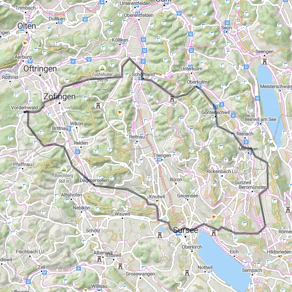 Miniaturekort af cykelinspirationen "Udfordrende Cykeltur til Menziken og Sursee" i Nordwestschweiz, Switzerland. Genereret af Tarmacs.app cykelruteplanlægger