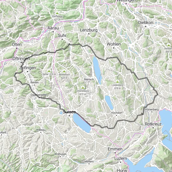 Miniatua del mapa de inspiración ciclista "Ruta de Ciclismo hacia Muri y Sempach" en Nordwestschweiz, Switzerland. Generado por Tarmacs.app planificador de rutas ciclistas