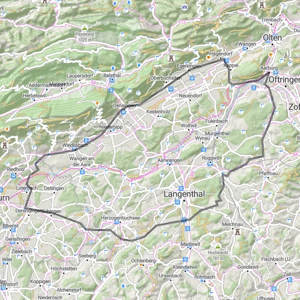 Map miniature of "Vordemwald to Obersteckholz Loop" cycling inspiration in Nordwestschweiz, Switzerland. Generated by Tarmacs.app cycling route planner