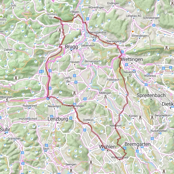 Map miniature of "Waltenschwil - Isler Villa - Dreihägen - Othmarsingen - Iberg - Stilli - Chrüzliberg - Stetten - Erdmannlistein" cycling inspiration in Nordwestschweiz, Switzerland. Generated by Tarmacs.app cycling route planner