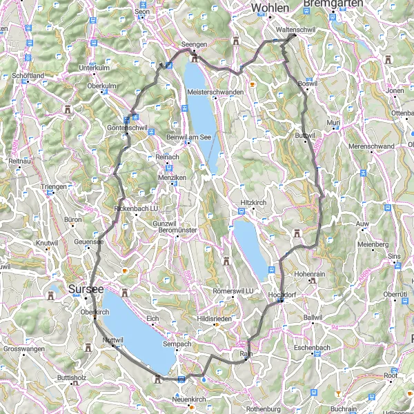 Mapa miniatúra "Okruh kolem Waltenschwil: Z výškových metrů a malebných vesnic" cyklistická inšpirácia v Nordwestschweiz, Switzerland. Vygenerované cyklistickým plánovačom trás Tarmacs.app