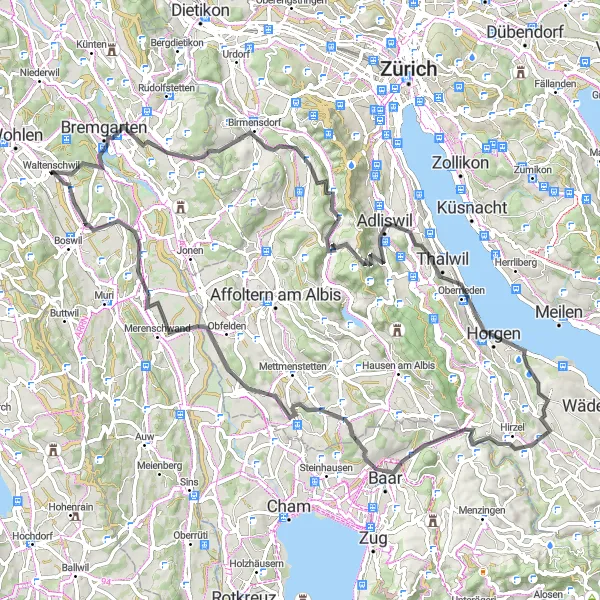 Karttaminiaatyyri "Reussbrücke ja Spitzen Reitin" pyöräilyinspiraatiosta alueella Nordwestschweiz, Switzerland. Luotu Tarmacs.app pyöräilyreittisuunnittelijalla