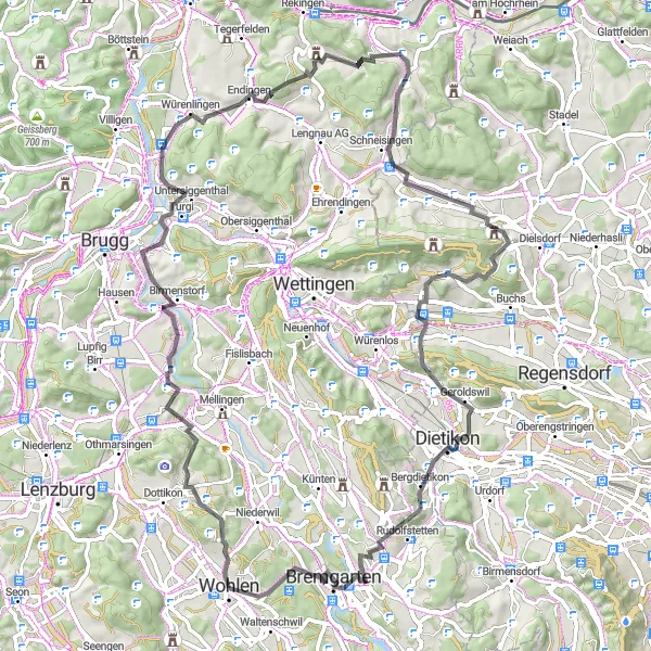 Map miniature of "Waltenschwil - Birrhard - Stutz - Iberig - Böbikon - Siglistorfer - Hüttikon - Mutschellenpass - Spittelturm" cycling inspiration in Nordwestschweiz, Switzerland. Generated by Tarmacs.app cycling route planner