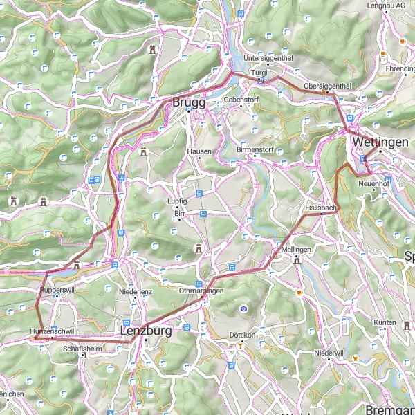 Miniatura della mappa di ispirazione al ciclismo "Strade bianche tra Wettingen e Lenzburg" nella regione di Nordwestschweiz, Switzerland. Generata da Tarmacs.app, pianificatore di rotte ciclistiche