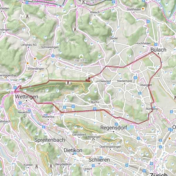 Miniaturekort af cykelinspirationen "Grusvej cykelrute omkring Wettingen" i Nordwestschweiz, Switzerland. Genereret af Tarmacs.app cykelruteplanlægger