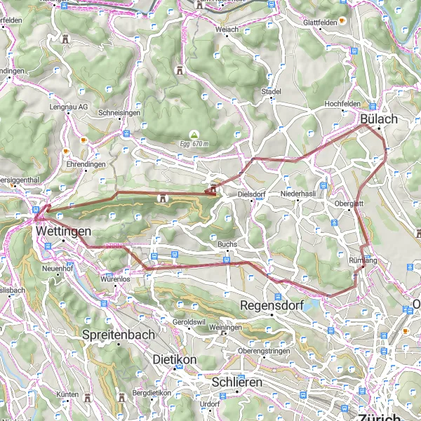 Miniatura della mappa di ispirazione al ciclismo "Per le strade di Baden e Wettingen" nella regione di Nordwestschweiz, Switzerland. Generata da Tarmacs.app, pianificatore di rotte ciclistiche