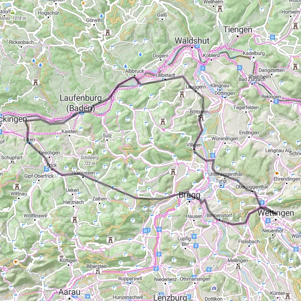 Karten-Miniaturansicht der Radinspiration "Tour um Wettingen über Frick und Albbruck" in Nordwestschweiz, Switzerland. Erstellt vom Tarmacs.app-Routenplaner für Radtouren