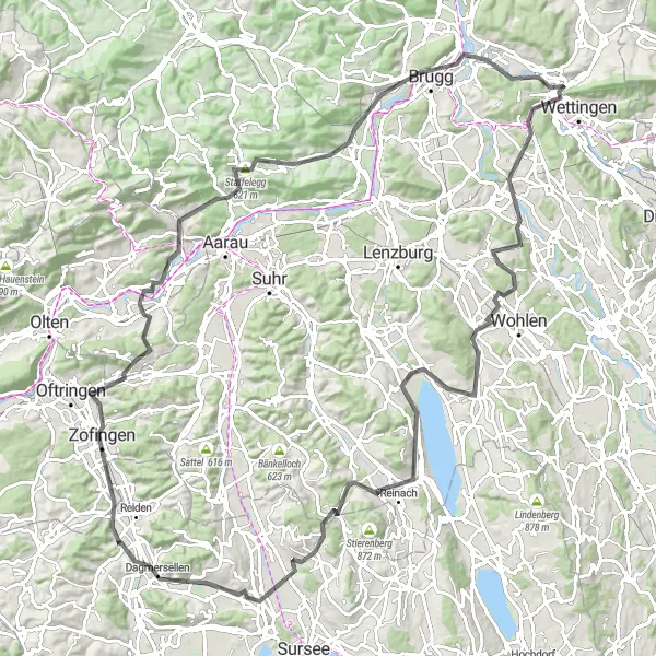 Miniatua del mapa de inspiración ciclista "Ruta Escénica de Wettingen a Staffelegg y Bruggerberg" en Nordwestschweiz, Switzerland. Generado por Tarmacs.app planificador de rutas ciclistas