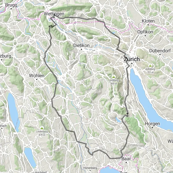 Kartminiatyr av "Landskapstur på landevei fra Wettingen" sykkelinspirasjon i Nordwestschweiz, Switzerland. Generert av Tarmacs.app sykkelrutoplanlegger