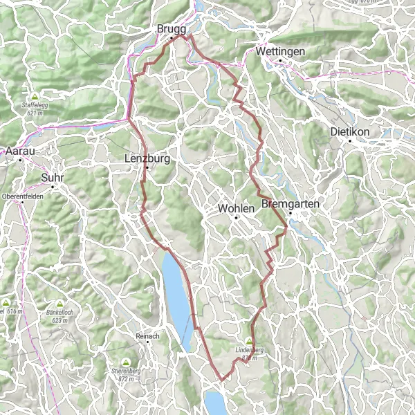 Miniaturní mapa "Gravel trasa okolo Windisch s mnoha historickými památkami" inspirace pro cyklisty v oblasti Nordwestschweiz, Switzerland. Vytvořeno pomocí plánovače tras Tarmacs.app
