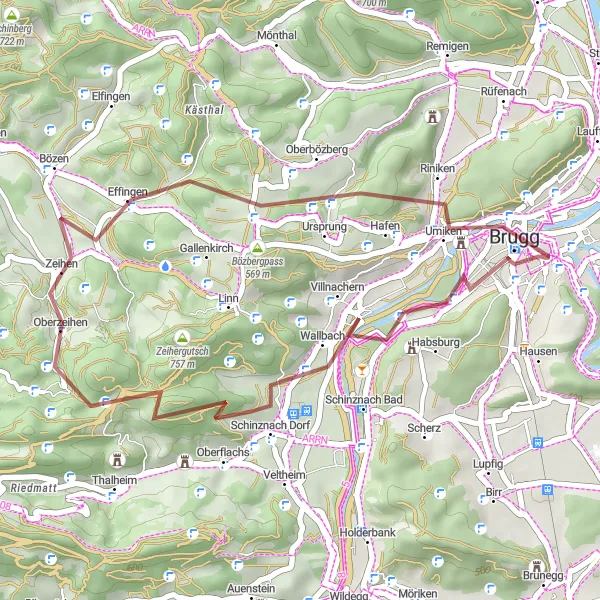Miniatua del mapa de inspiración ciclista "Ruta de Gravel por Bözbergpass y Zeihen" en Nordwestschweiz, Switzerland. Generado por Tarmacs.app planificador de rutas ciclistas
