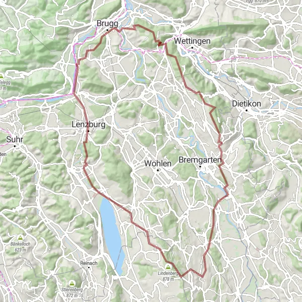 Mapa miniatúra "Gravel okolo Windisch" cyklistická inšpirácia v Nordwestschweiz, Switzerland. Vygenerované cyklistickým plánovačom trás Tarmacs.app