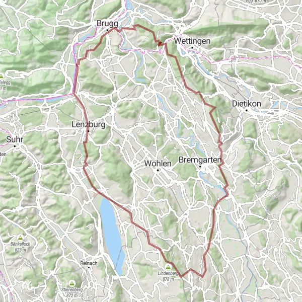 Kartminiatyr av "Grusvägar runt Windisch och Baldegg" cykelinspiration i Nordwestschweiz, Switzerland. Genererad av Tarmacs.app cykelruttplanerare