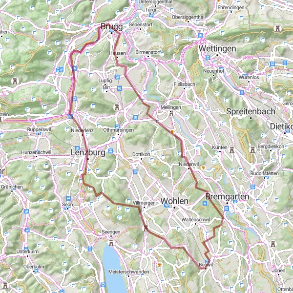 Zemljevid v pomanjšavi "Gruščasta kolesarska pustolovščina iz Windischa" kolesarske inspiracije v Nordwestschweiz, Switzerland. Generirano z načrtovalcem kolesarskih poti Tarmacs.app