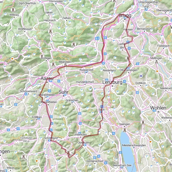 Map miniature of "Lenzburg to Brugg Gravel Adventure" cycling inspiration in Nordwestschweiz, Switzerland. Generated by Tarmacs.app cycling route planner