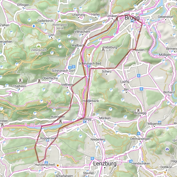 Mapa miniatúra "Gravel okruh cez Rupperswil a Brugg" cyklistická inšpirácia v Nordwestschweiz, Switzerland. Vygenerované cyklistickým plánovačom trás Tarmacs.app