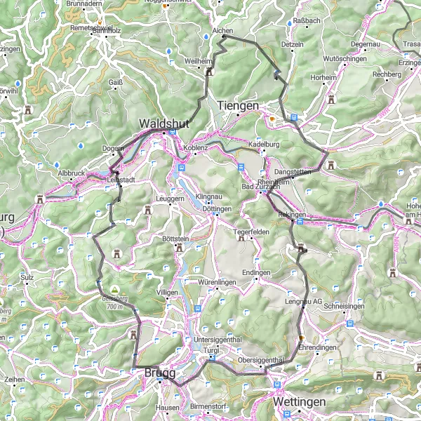 Kartminiatyr av "Utforsk Laufenburg-regionen på landeveier" sykkelinspirasjon i Nordwestschweiz, Switzerland. Generert av Tarmacs.app sykkelrutoplanlegger