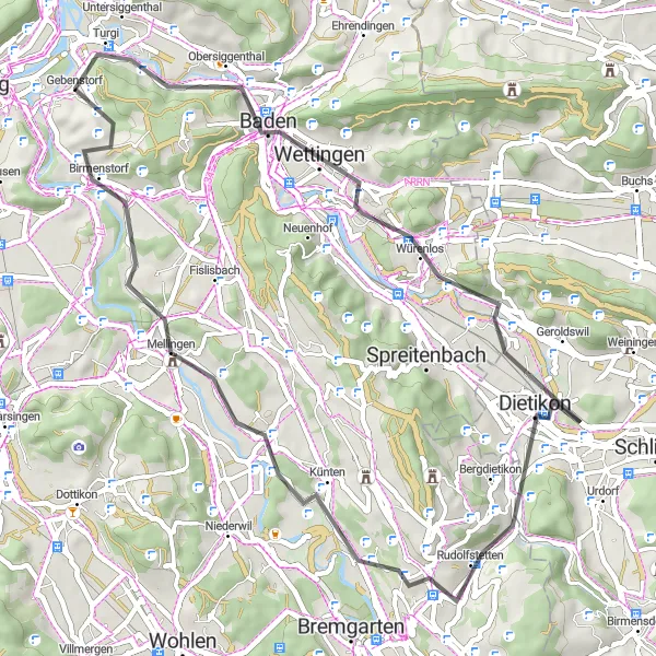 Miniatura della mappa di ispirazione al ciclismo "Rotta in bicicletta su strada intorno a Windisch" nella regione di Nordwestschweiz, Switzerland. Generata da Tarmacs.app, pianificatore di rotte ciclistiche