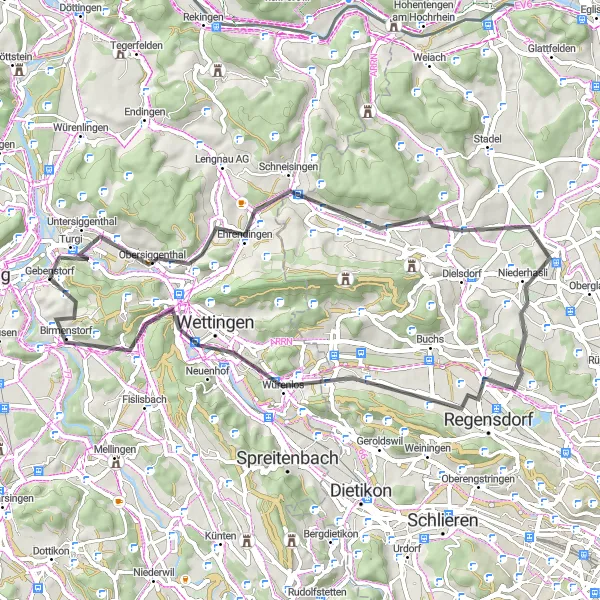Mapa miniatúra "Road okruh cez Gebenstorfer Horn a Wettingen" cyklistická inšpirácia v Nordwestschweiz, Switzerland. Vygenerované cyklistickým plánovačom trás Tarmacs.app