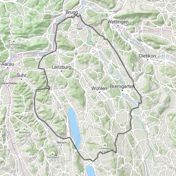 Mapa miniatúra "Road Tour Stutz - Brugg" cyklistická inšpirácia v Nordwestschweiz, Switzerland. Vygenerované cyklistickým plánovačom trás Tarmacs.app