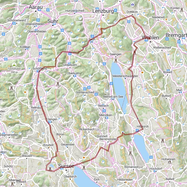 Miniatura della mappa di ispirazione al ciclismo "Sfida Gravel tra Wohlen e Ammerswil" nella regione di Nordwestschweiz, Switzerland. Generata da Tarmacs.app, pianificatore di rotte ciclistiche