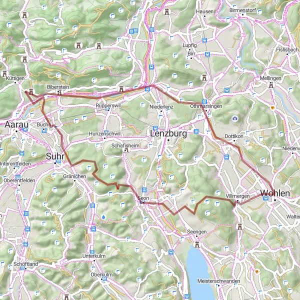 Mapa miniatúra "Gravelová dobrodružná jazda od Wohlen" cyklistická inšpirácia v Nordwestschweiz, Switzerland. Vygenerované cyklistickým plánovačom trás Tarmacs.app