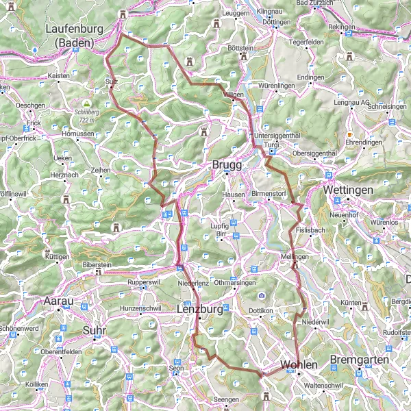 Kartminiatyr av "Utfordrende grusvei gjennom Aargau" sykkelinspirasjon i Nordwestschweiz, Switzerland. Generert av Tarmacs.app sykkelrutoplanlegger